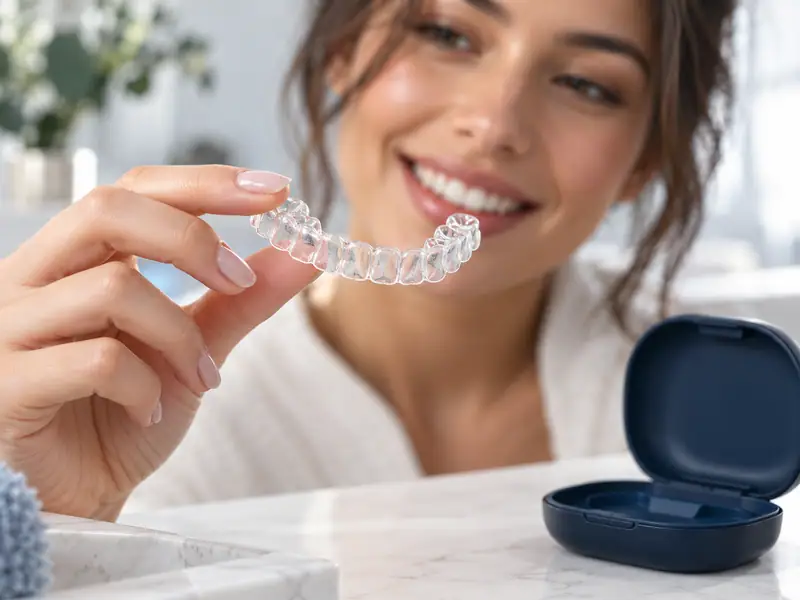 A clear aligner held between fingertips beside its case
