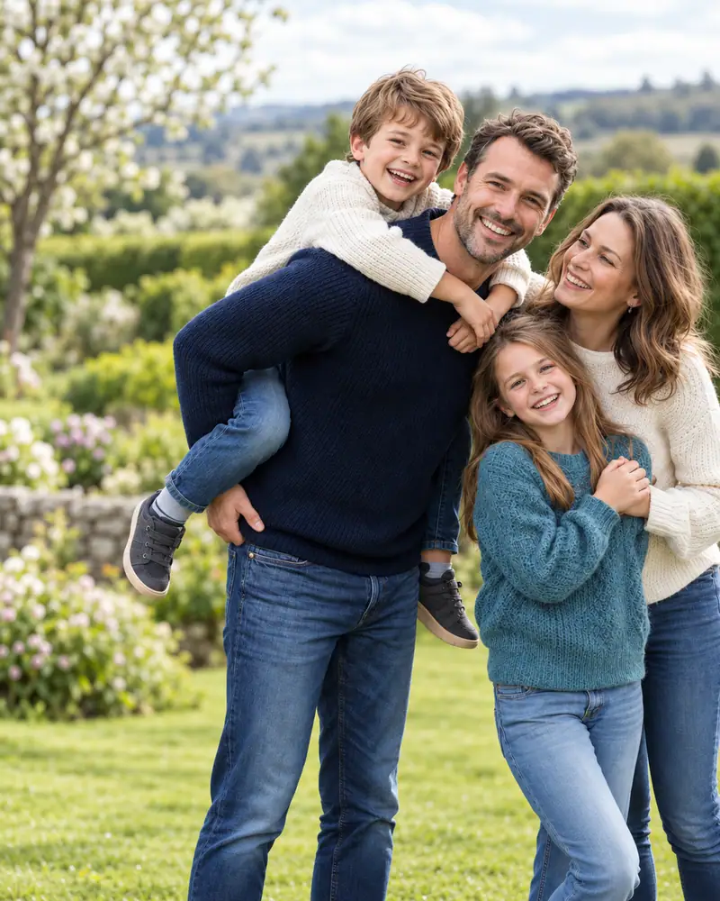 A family laughing together in a garden