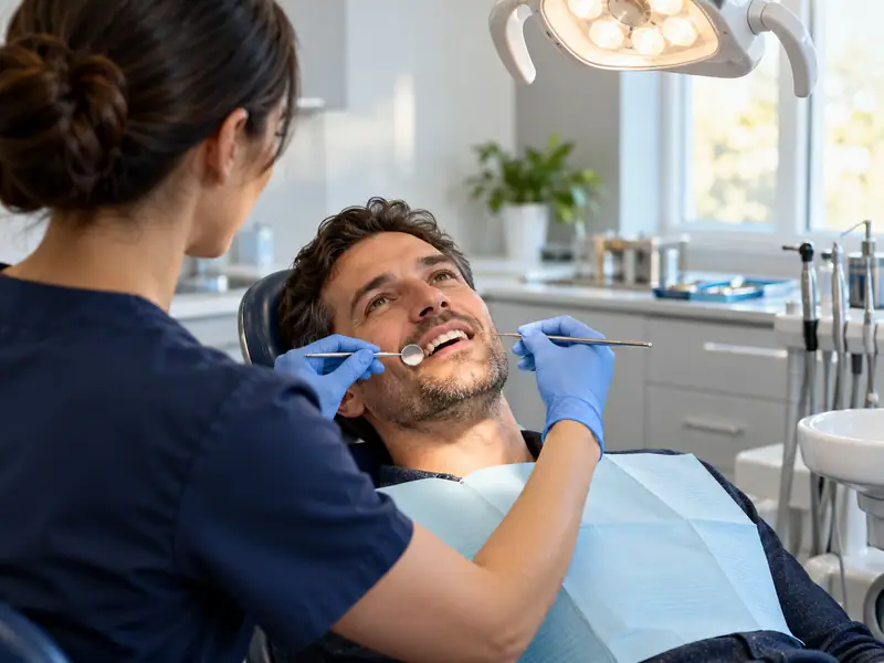 A hygienist checking a smiling patient in a bright treatment room