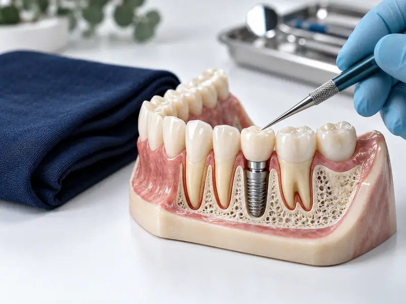 A dental model showing an implant and crown
